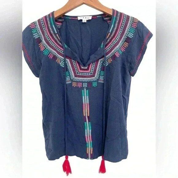 THML Anthologies Women's Blue Embroidered Short Sleeve Boho Shirt Size XS - Picture 1 of 6